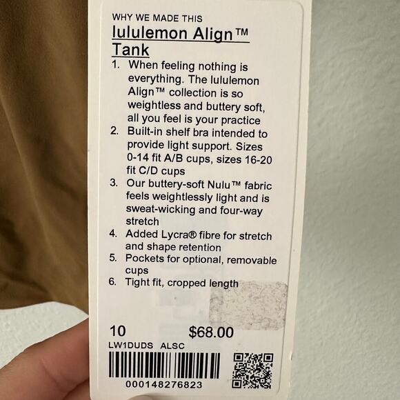 NWT Lululemon Align Tank Cropped Light Support A/B Cup Allspice ALSC Size 10 - Picture 6 of 6